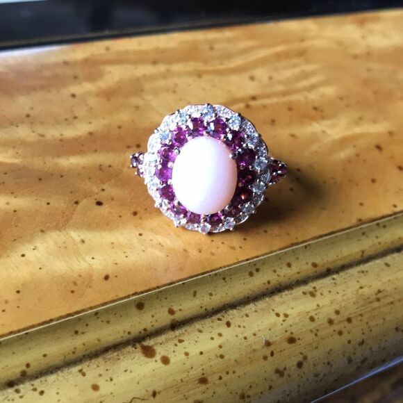 Peruvian Pink Opal Garnet Sterling Silver Cocktail Ring Size 8 - Picture 8 of 8